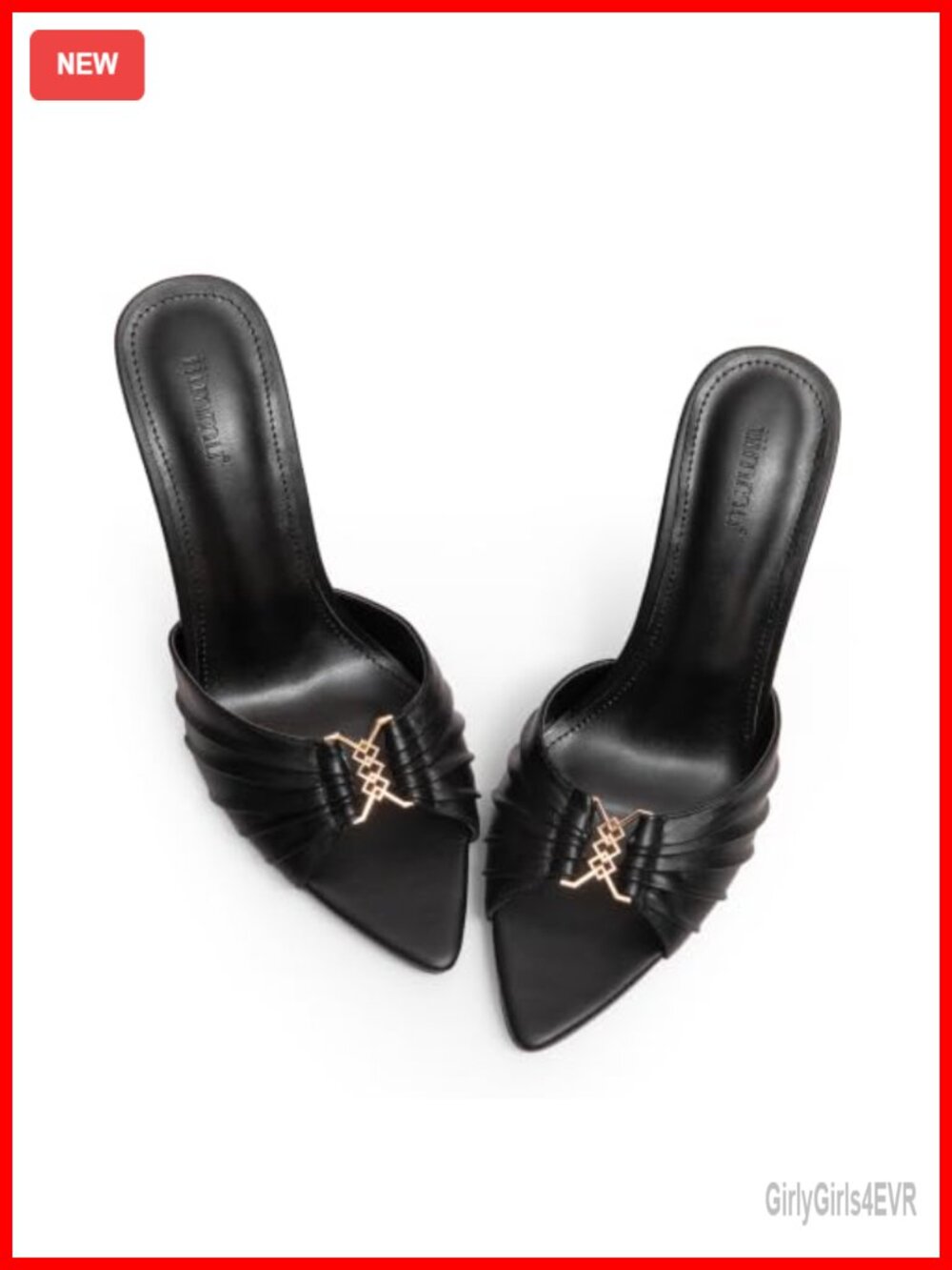 Stiletto Mules Heels Faux Leather Gold Accents Slip On